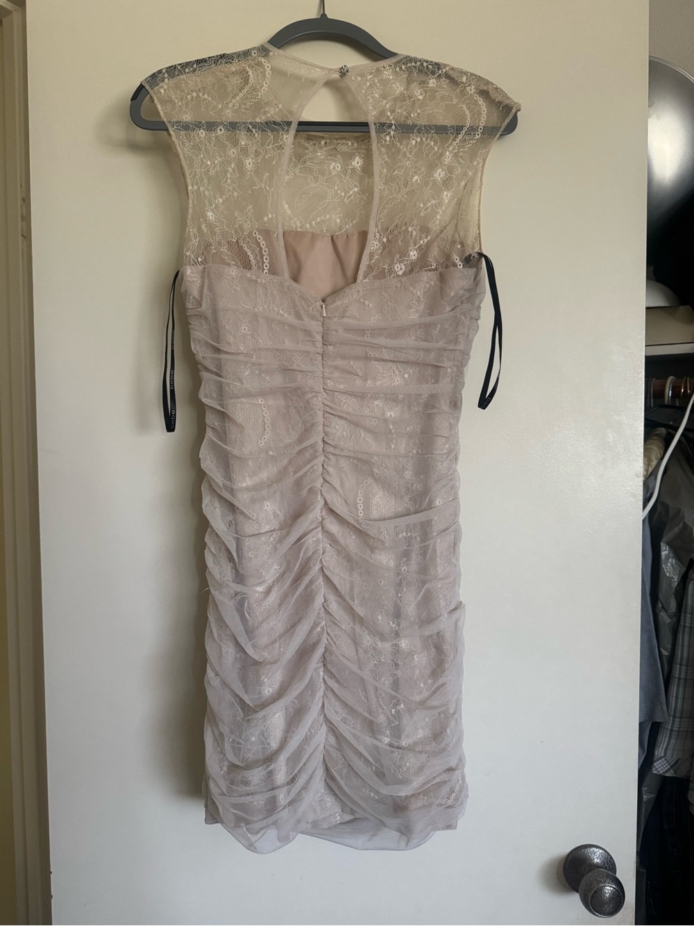 bebe Blush Lace Overlay Mini Dress with Gold Stud Neckline Y2K - Picture 2 of 3